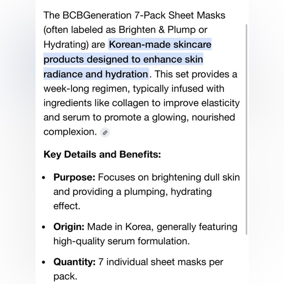BCBGeneration | Box of 7 Sheet Masks Brighten & Plump Made in Korea Collagen NWT - Picture 6 of 13